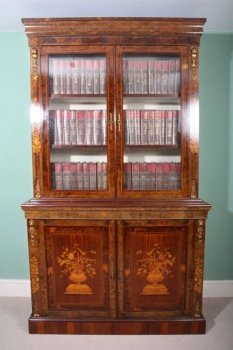 Antique-English-Victorian-Walnut-Marquetry-Bookcase-1