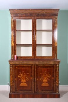 Antique-English-Victorian-Walnut-Marquetry-Bookcase-14