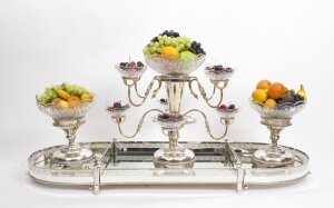 Extravagant English Silver Plate Cut Glass Surtout de Table Set