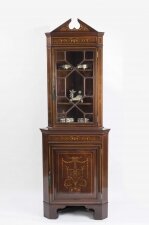 Antique English Edwardian Marquetry Corner Cabinet 