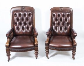 Antique Pair English Victorian Leather Armchairs 
