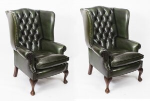 Bespoke Pair Leather Chippendale Wingback Armchairs Alga Green