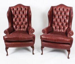 Bespoke Pair Leather Queen Anne Wingback Armchairs Chestnut