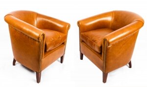 Bespoke Pair English Handmade Amsterdam Leather Arm Chairs Bruciato