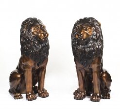 Vintage Pair Cast Bronze Seated Lions 20th Century