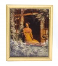 Antique Victorian Crystoleum Picture Painting of a Lady by a Window 19th C