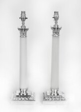 Antique Pair Silver Plated Opaline Glass Corinthian Table Lamps 20th C