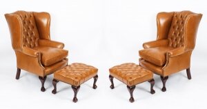 Bespoke Pair Leather Chippendale Wingback Armchairs & Pair Stools Bruciato