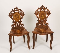 Antique Pair Swiss Walnut Marquetry inlaid Hall Chairs 19th C
