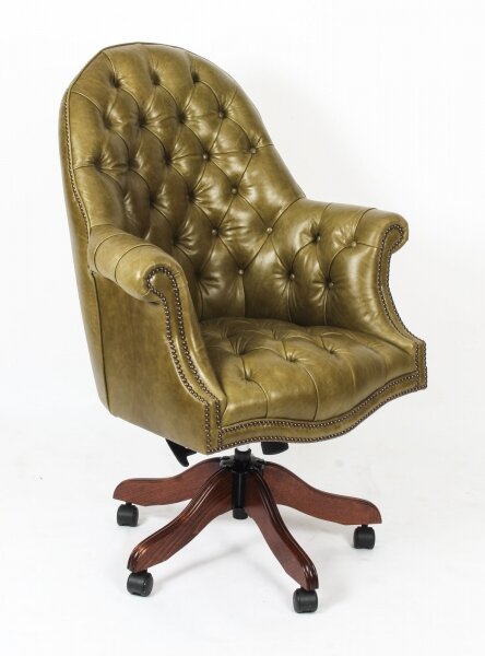 Bespoke English Hand Made Leather Directors Desk Chair Olive | Ref. no. 02332h | Regent Antiques
