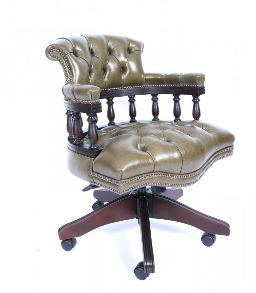 Bespoke English Hand Made Leather Captains Desk Chair Olive Green | Ref. no. 02839d | Regent Antiques