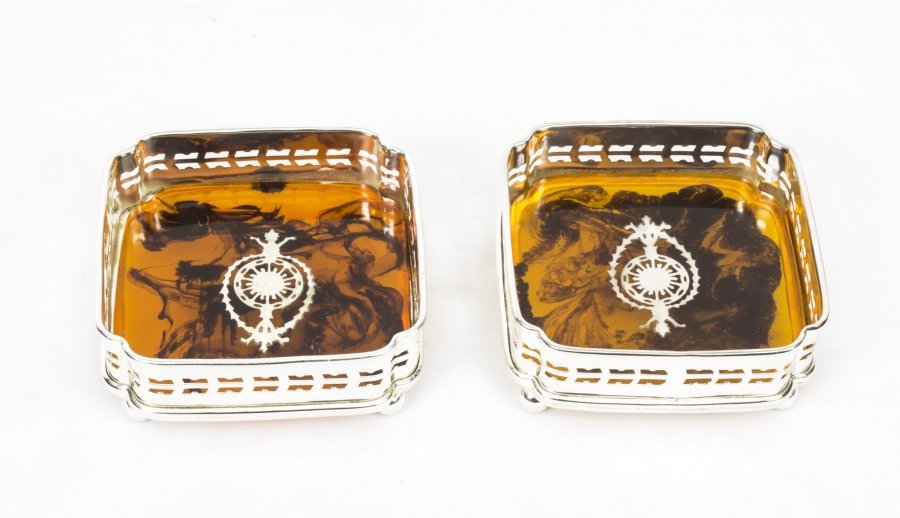 Pair Square Silver Plated Coasters Embossed Decoration | Ref. no. 03147 | Regent Antiques