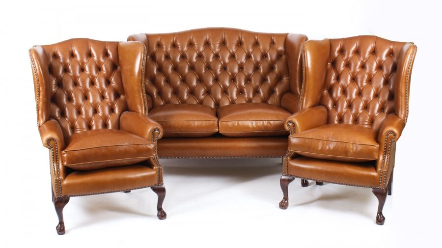 Bespoke English Hand Made 3 x Leather Suite Chippendale Bruciato | Ref. no. 06749D | Regent Antiques