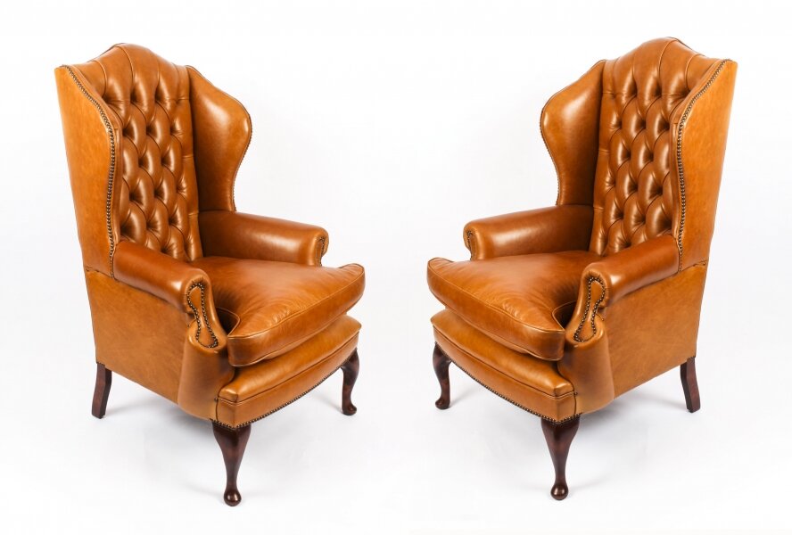 Bespoke Pair Leather Queen Anne Wingback Armchairs Bruciato | Ref. no. 09048f | Regent Antiques