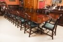 Antique 14ft Regency Revival Triple Pillar Dining Table & 14 Chairs 19th C