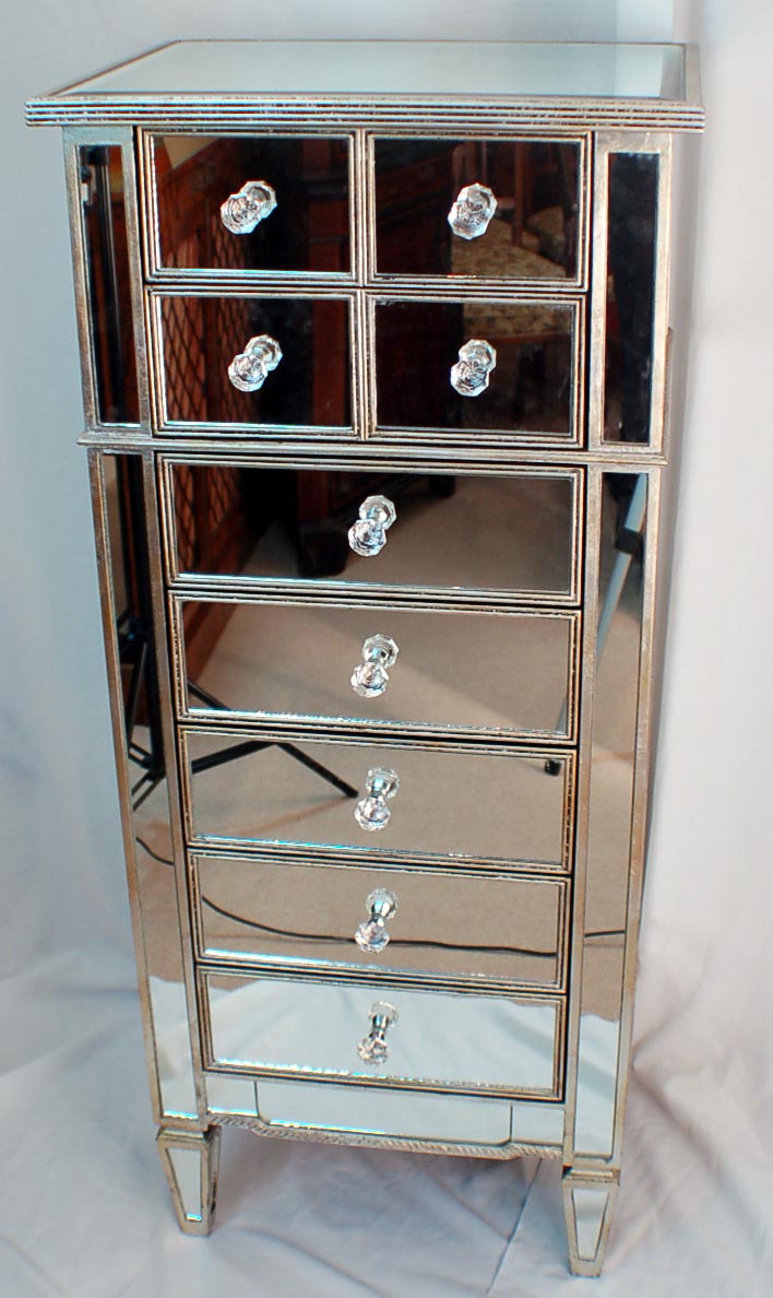 ART DECO Mirrored Tall Chest Drawers Silver Show Wood