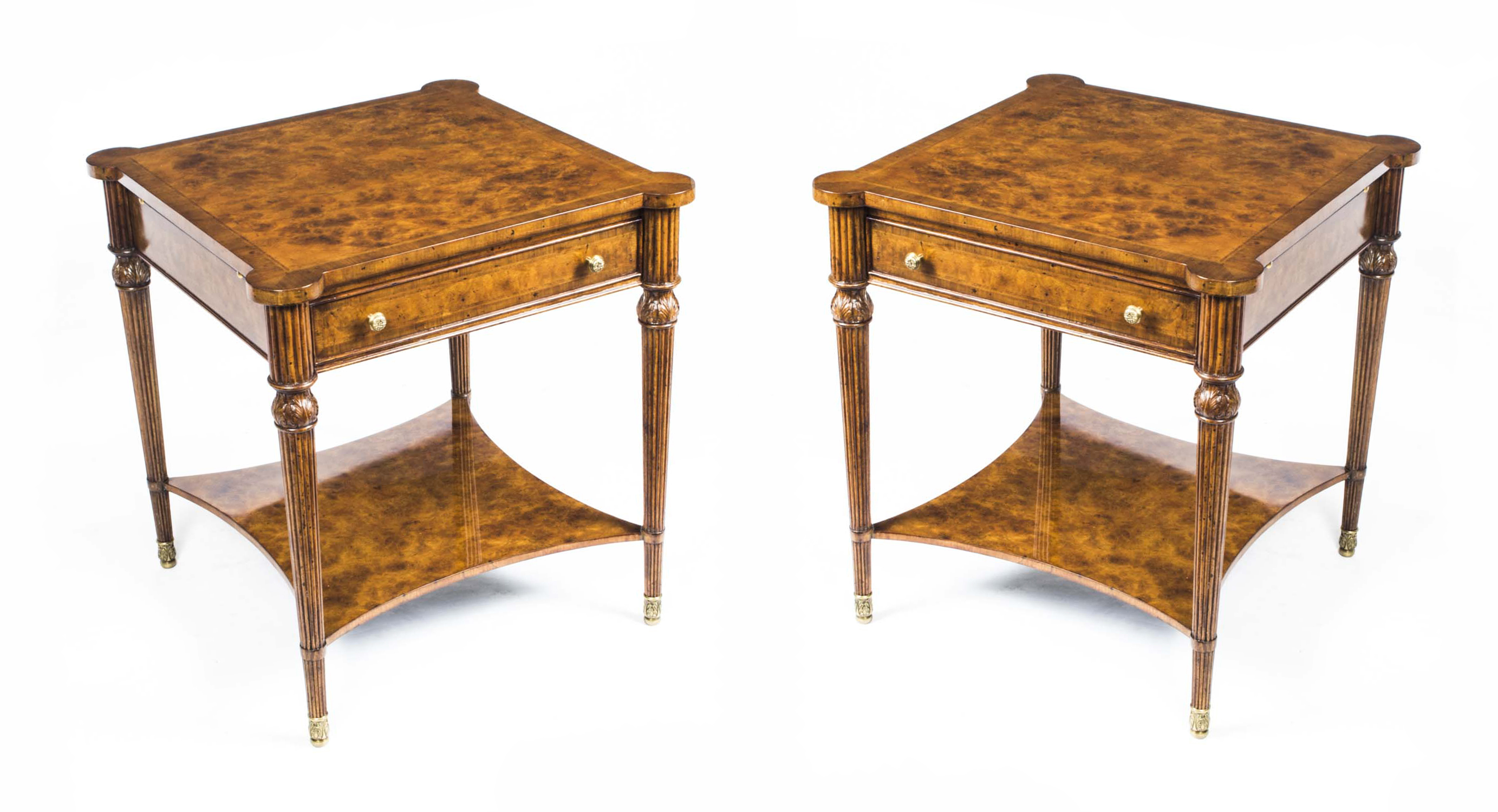 Fab Pair Burr Walnut Side Tables With Slides Drawers Ref No 00951