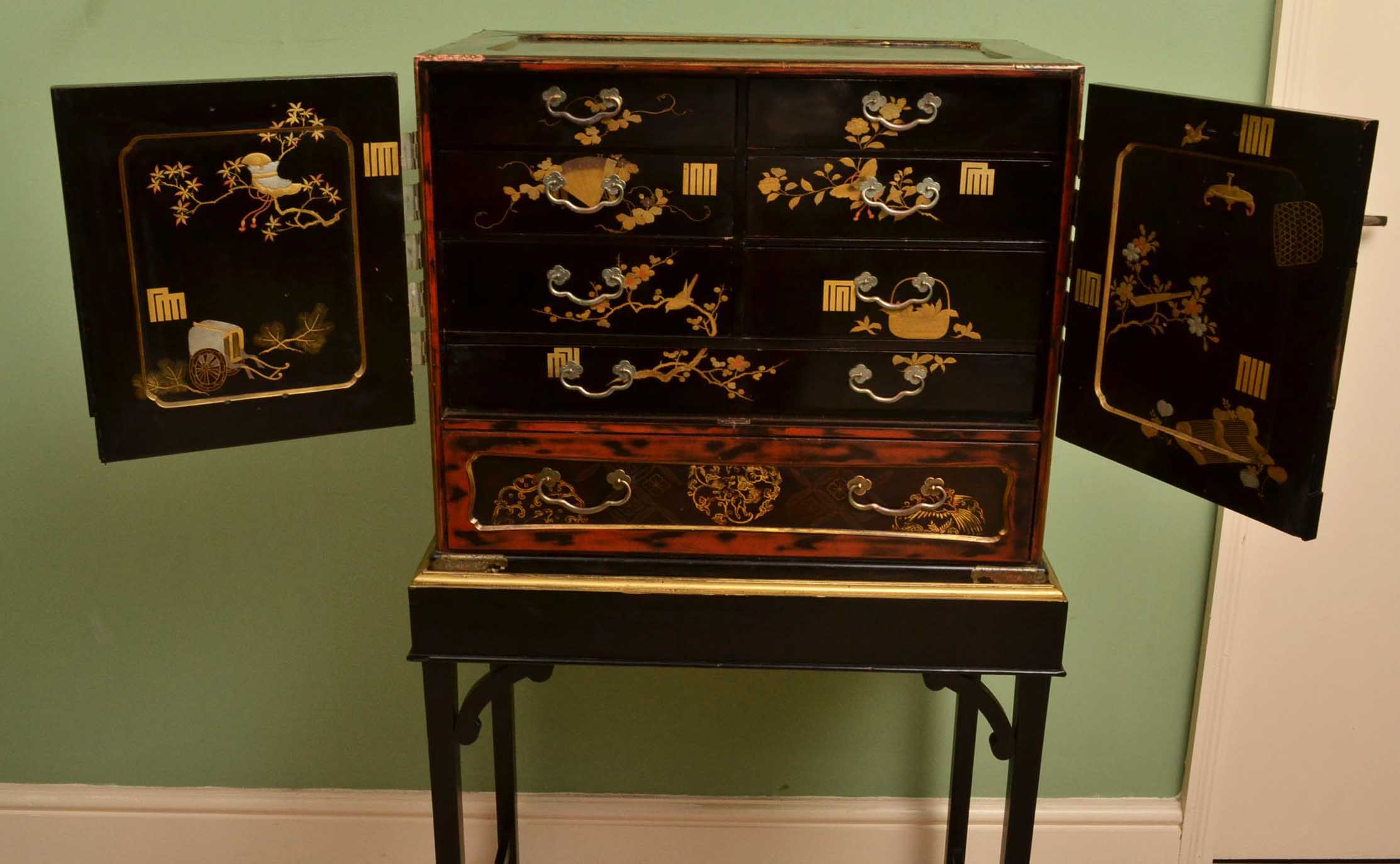 on cabinets Cabinet Antique  Stand japanese C1900  vintage  Lacquered Cabinets Japanese