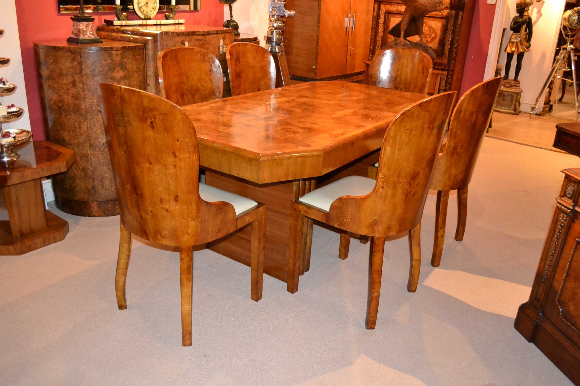 Antique Art Deco Burr Walnut Dining Table 6 Chairs