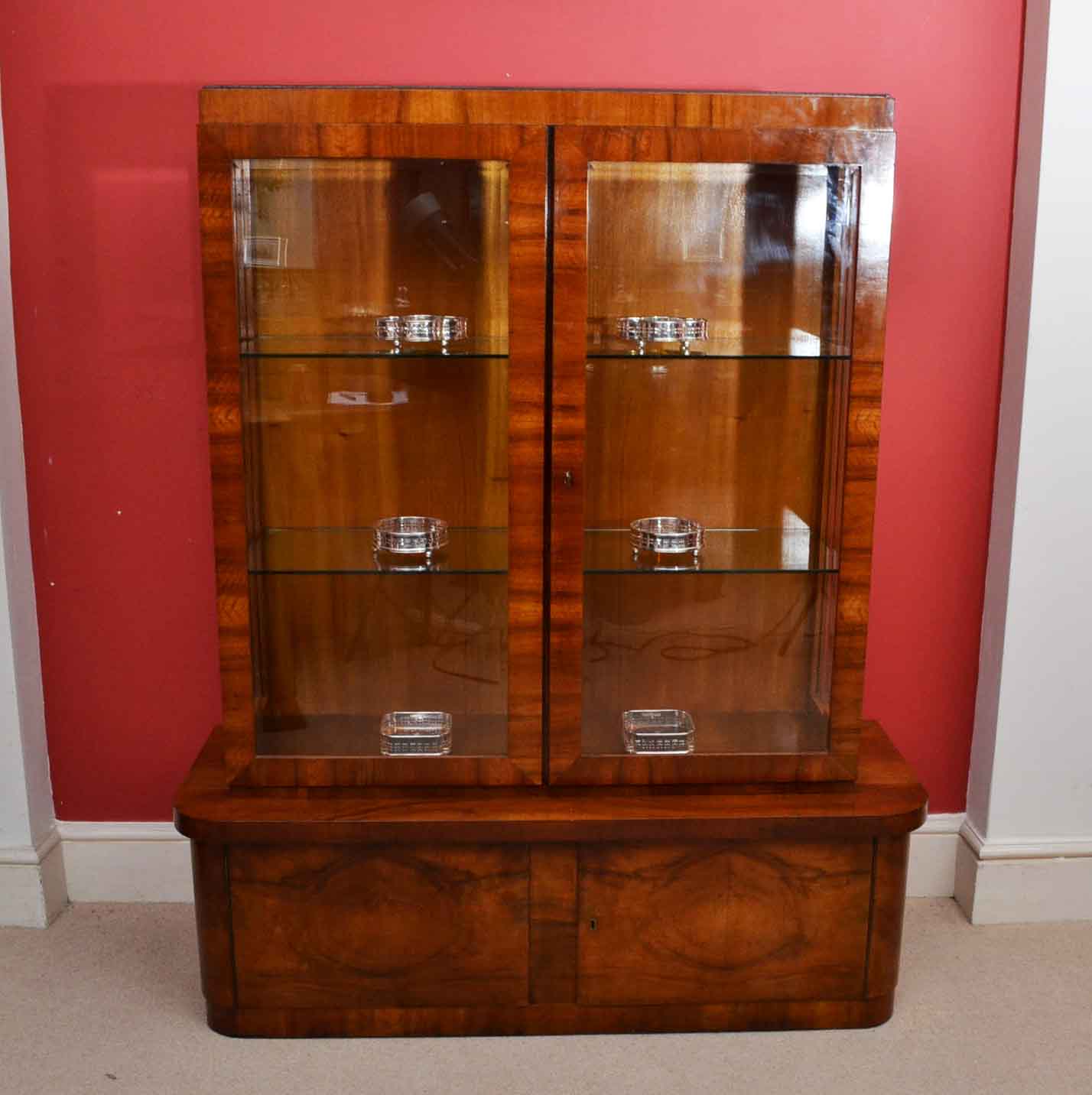 Antique Art Deco Burr Walnut Display Cabinet C1920 Ref No 04011