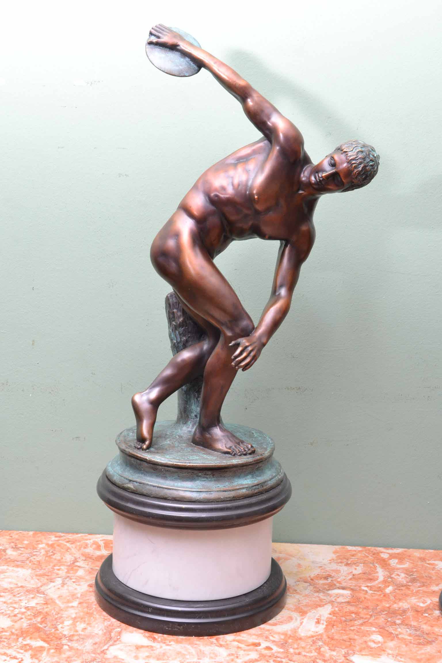 the discobolus Noted for his animals (of which no examples have survived) and for his athletes in action his works are known through descriptions by ancient writers, such as pliny and pausanias, and two of them by copies, the discobolus (gr discus thrower), the best copy of which is the lancelotti discobolus in rome (terme museum), and athena and marsyas. the discobolus Noted for his animals (of which no examples have survived) and for his athletes in action his works are known through descriptions by ancient writers, such as pliny and pausanias, and two of them by copies, the discobolus (gr discus thrower), the best copy of which is the lancelotti discobolus in rome (terme museum), and athena and marsyas.