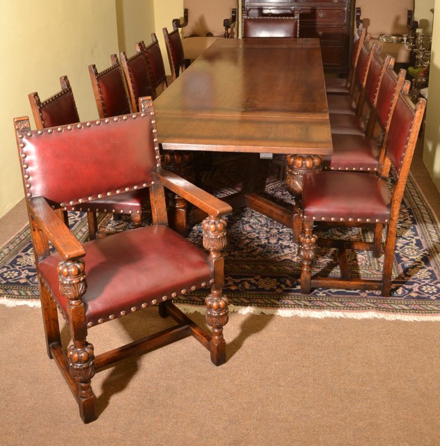 Vintage Oak Refectory Draw Leaf Dining Table 12 Chairs Ref No 05746