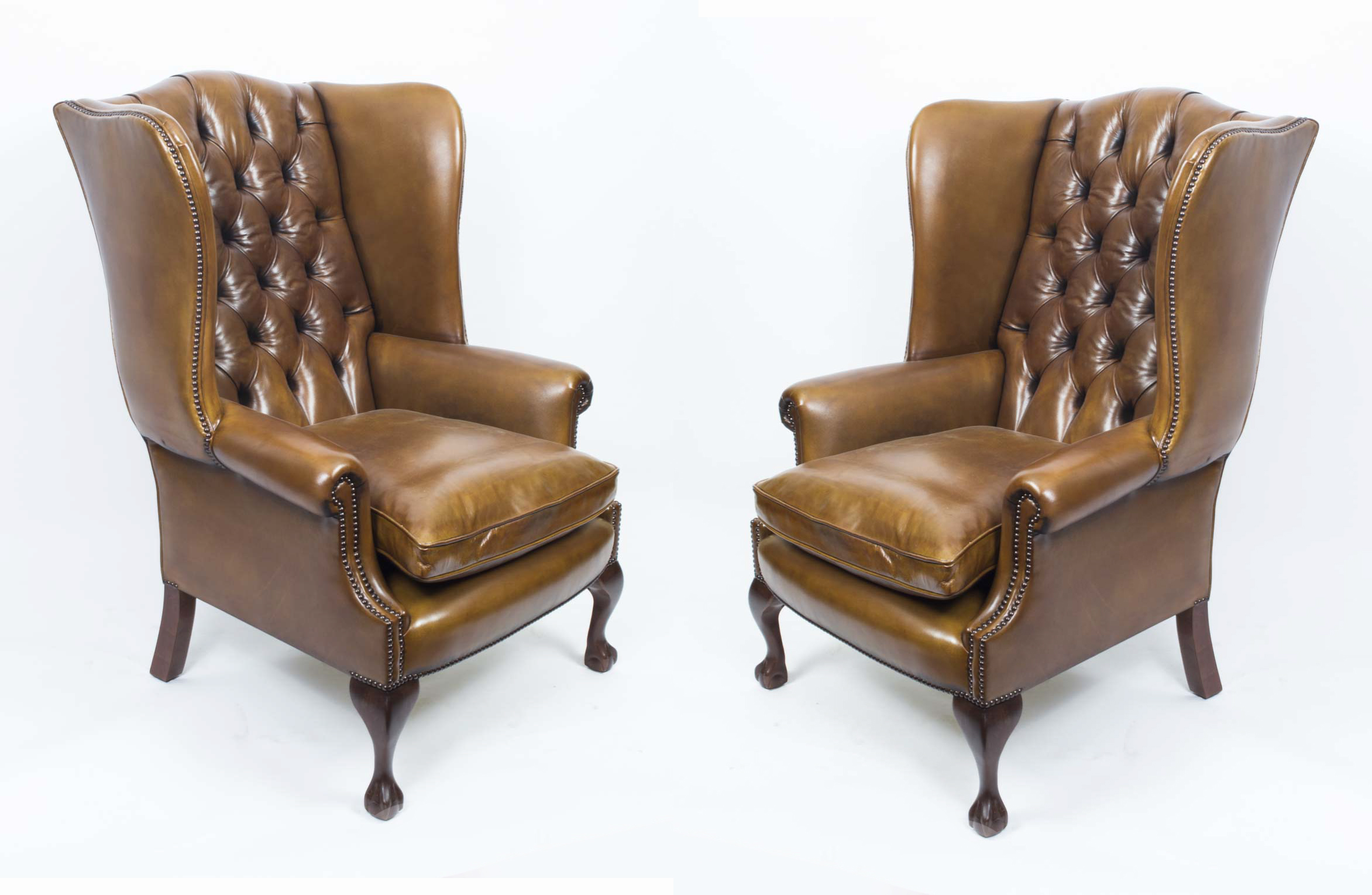 Pair Leather Chippendale Wing Back Armchairs Yellow Tan - pair leather chippendale wing back armchairs yellow tan -