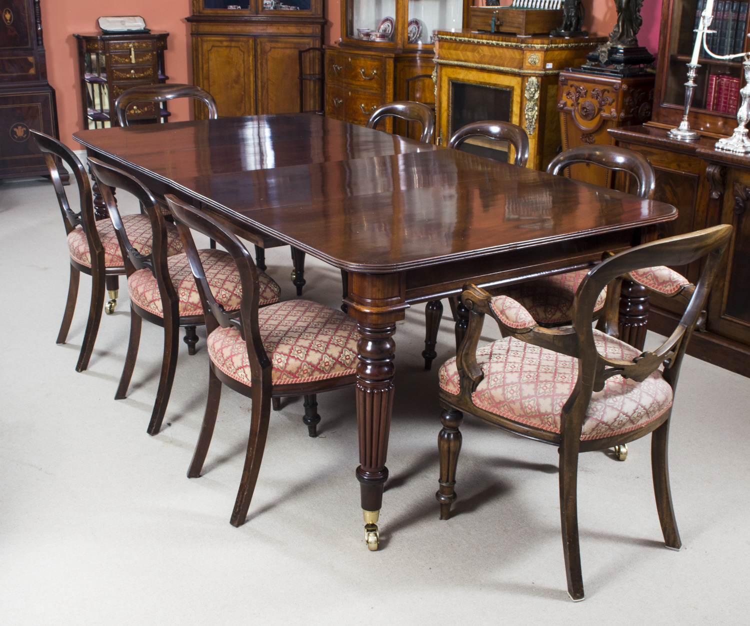 Antique Regency Mahogany Dining Table 8 Balloon Back Chairs