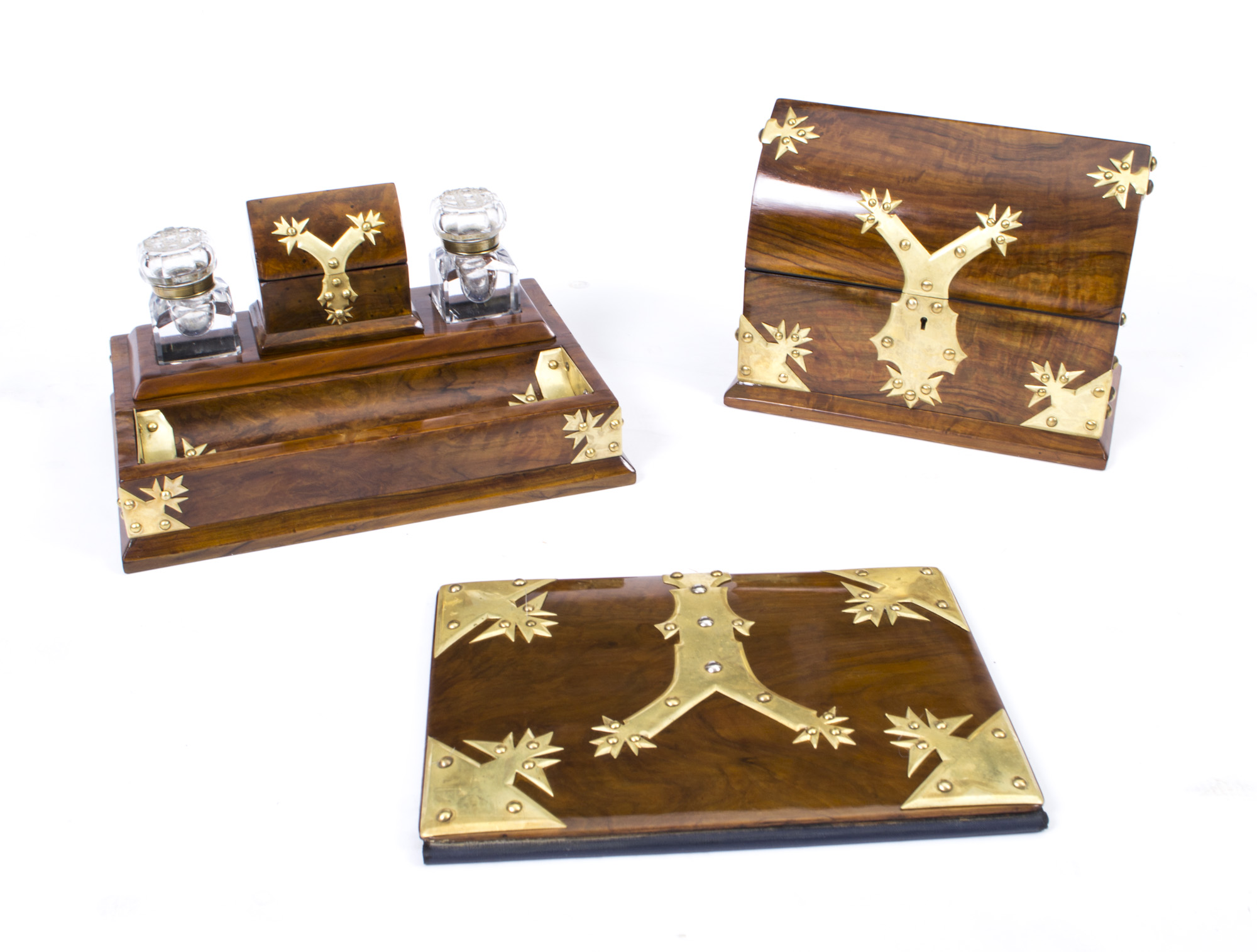 Antique English Walnut Cut Brass Desk Set C1860 Ref No 07494