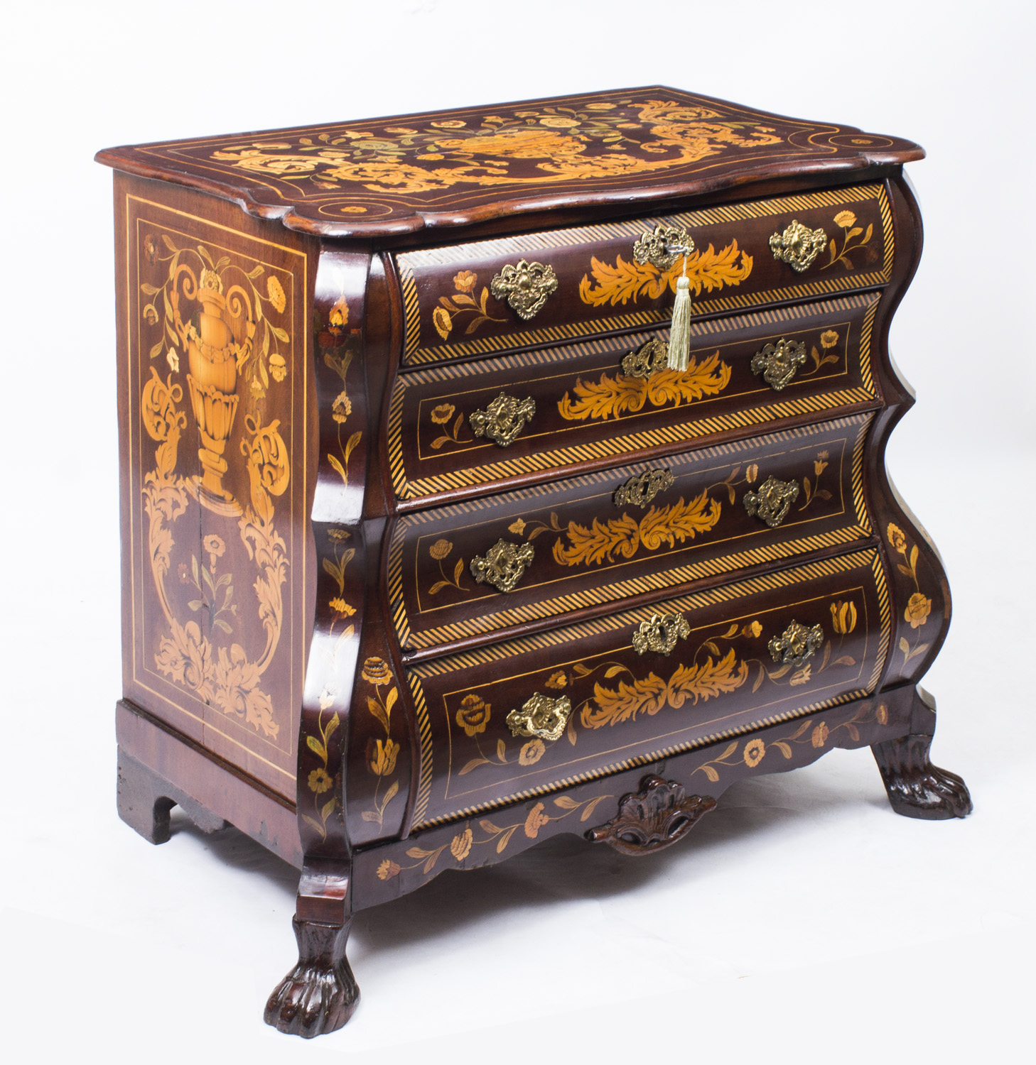 Dutch Marquetry Commodes Pair Bombe Chests Drawers