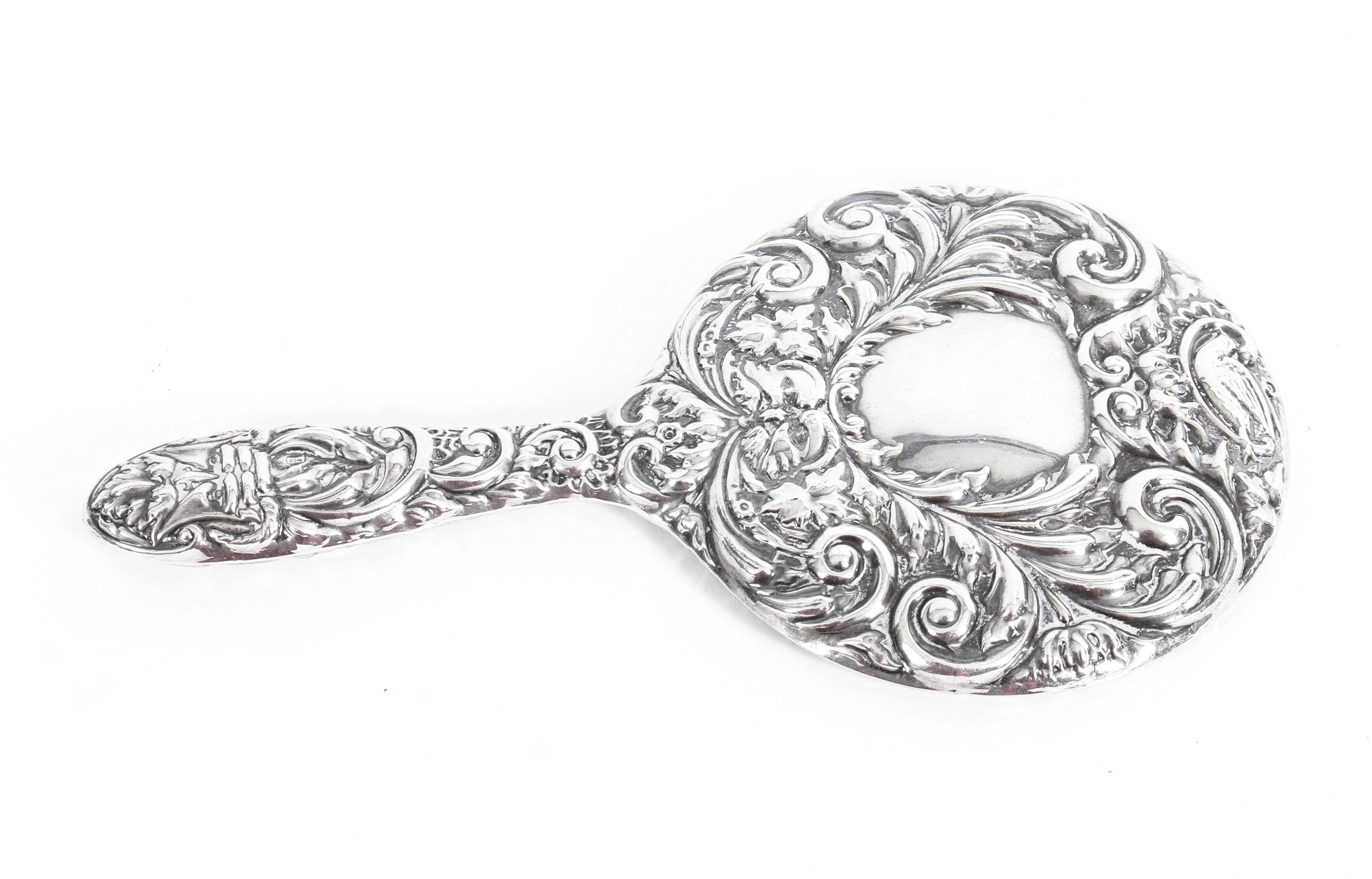Vintage English Embossed Sterling Silver Hand Mirror Birmingham B Co 1970