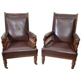 Antique Pair of English Walnut Leather Armchairs 19th C