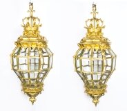 Vintage Pair 4ft 122cm Versailles Gilt Bronze Diamond Baluster Lanterns 20th C