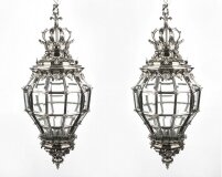 Pair Versailles Huge Silver Bronze Diamond Baluster Lanterns