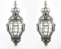 Vintage Pair Versailles Silver Bronze Diamond Baluster Lanterns 20th C
