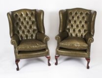 Bespoke Pair Leather Chippendale Wingback Armchairs Alga Green