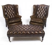Bespoke Pair Leather Chippendale Wing Back Armchairs with stool coffee table Bespoke Pair Leather Chippendale Wing Back Armchairs with stool coffee table