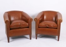 Bespoke Pair English Handmade Amsterdam Leather Arm Chairs Malt