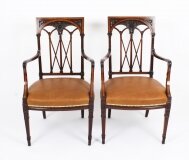 Antique Pair Sheraton Revival Satinwood Banded Arm Chairs 19th Century