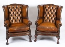 Antique Pair Leather Chippendale Wingback Armchairs 