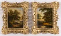 Antique Pair Dutch Forest Scene Oil Paintings by Jan Evert Morel 18th Century