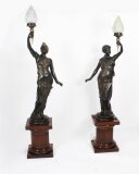 Antique Pair Large Bronze Figural Torcheres Lamps on Doric Columns C1910