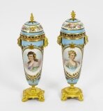 Antique Pair French Duck Egg Bleu Sevres Urns 19th C