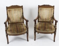 Antique Pair French Empire Armchair Fauteuils Chairs 19th C