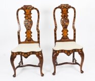 Antique Pair Dutch Marquetry Walnut High Back Side Chairs Late 18th C