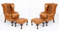 Bespoke Pair Leather Chippendale Wingback Armchairs & Pair Stools Bruciato