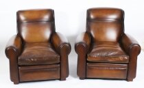 Antique Pair Leather Club Armchairs Tan Circa 1900