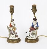 Vintage Pair Dresden Figural Porcelain Lamps Mid 20th Century