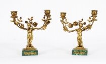 Antique Pair Russian Malachite & Gilt Bronze Candelabra Circa 1900
