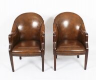 Vintage Pair English Regency Revival Leather Desk Chairs Mid 20th Century